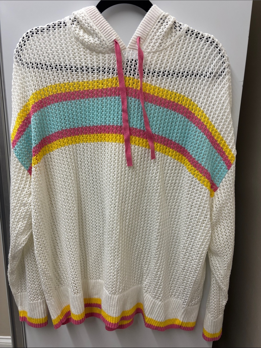 torrid Cream Open-Knit Hoodie Sweater with Pink, Yellow & Aqua Stripes